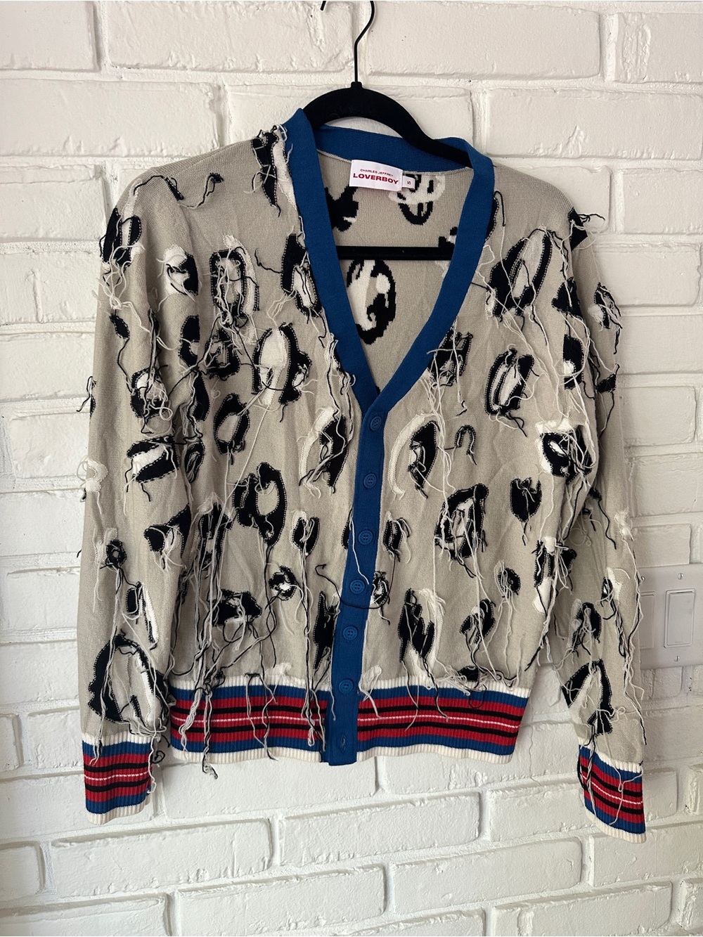 Distressed Beige Cardigan with Blue Trim